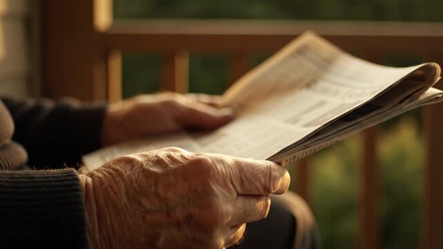 Elderly Hands Reading Newspaper in Warm Light

