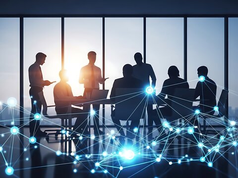 Business team collaborating in modern office with network connections - Powered by Adobe