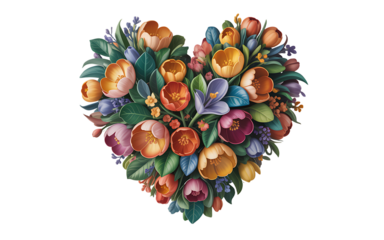 Heart shaped floral arrangement with colorful flowers and leaves isolated on transparent background