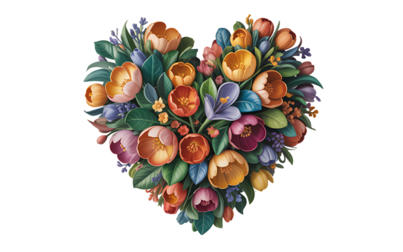 Heart shaped floral arrangement with colorful flowers and leaves isolated on transparent background - Powered by Adobe