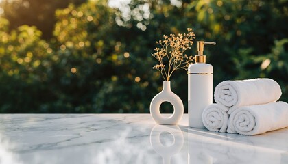 Serene Spa Scene with Rolled Towels and Natural Elements.