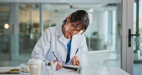 Woman, doctor and writing in office for healthcare, prescription or notes. Patient report,...