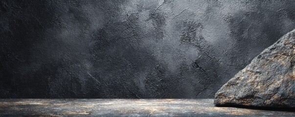 Dark stone slab surface with textured wall & rock