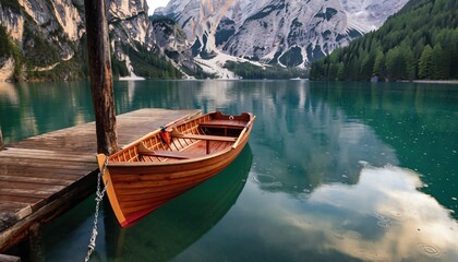 Serene Wooden Boat Docked on a Tranquil Alpine Lake with Majestic Mountains.