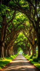 Fototapeta premium A majestic tunnel of interwoven tree branches creates a natural archway over a road, dappling sunlight. Lush green leaves