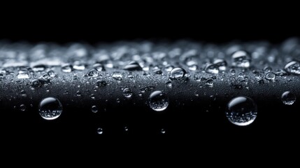 Small water droplets sit on a flat surface catching light in a dark environment. The background shows a smooth texture with clear reflections from the droplets.