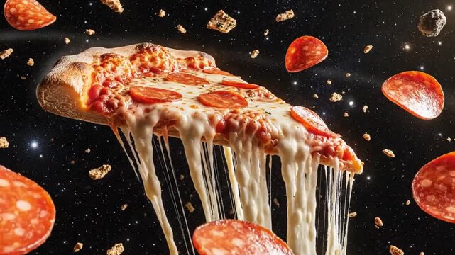 Delicious pepperoni pizza slice with melted cheese in space