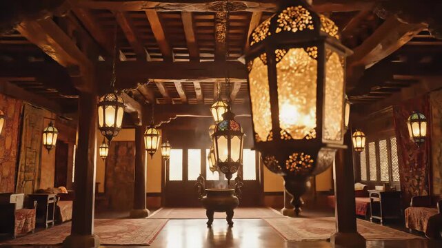 Close-up view of large, intricately designed metal lanterns casting warm light. The room features rich tapestries and ornate incense burners, creating an exotic and atmospheric setting.