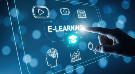 A hand interacts with a glowing e-learning interface featuring various digital icons on a dark blue background showcasing modern online education technology.