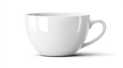 A white cup sits alone against a plain background. Its smooth design allows for various uses making it suitable for coffee tea or other beverages during any time of day.