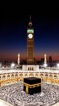 A towering clock tower in the foreground, with a large, black cube surrounded by people. Evening sky