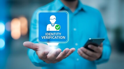 Man holding identity verification icon with smartphone in blue shirt