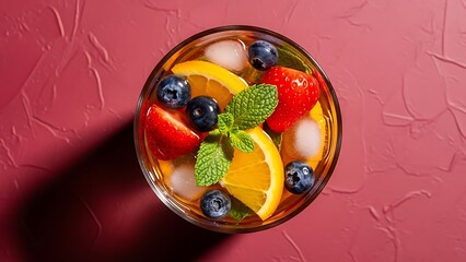 Fresh fruit infused water with mint leaves and ice cubes in a glass on a red background