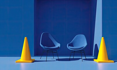 Symmetrical scene with blue chairs and orange cones in a geometric setting