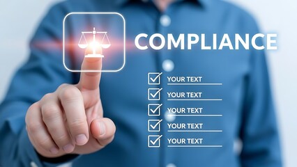 Businessman interacting with virtual compliance checklist and scales icon on finger