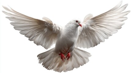 Obraz premium This image captures a graceful white dove mid-flight, showcasing its elegant feathers spread wide against a pristine white background. Symbolizing peace and harmony, the dove's purity is beautifully h