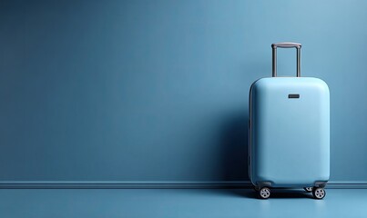 Light blue suitcase stands against a matching blue wall, simple and clean