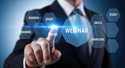 A man in a dark suit touches a "Webinar" button on a futuristic interface. The image features a blue gradient background with other related terms displayed around the central button.