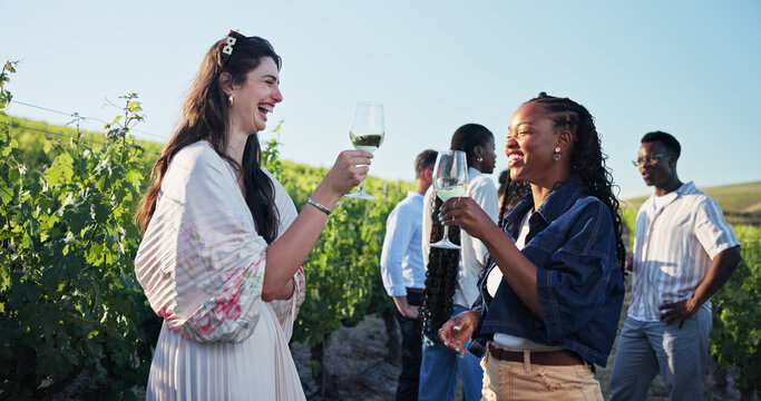 Laughing, toast and wine tasting with people on farm together for bonding or experience. Break, cheers and funny with happy girl friends talking outdoor in vineyard for drinks or summer wellness