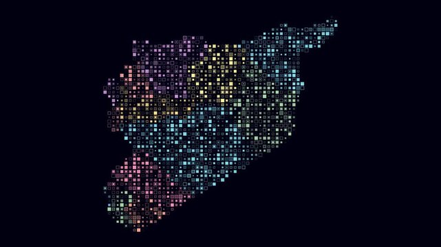 Syria animated country shape. Pulsating colored dots on the map of the country. Small size square blocks. Digital style Syria map on dark background. Creative animation video.