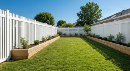 Sunny backyard with raised garden beds. White fence surrounds the well-maintained yard