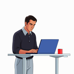 Man working on a laptop at a standing desk, focused on his computer screen, with a red cup nearby