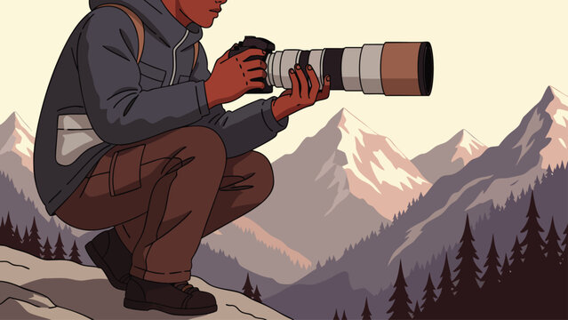 Illustrative image of a photographer crouching on a mountain ridge, capturing the majestic landscape with a telephoto lens. - Powered by Adobe