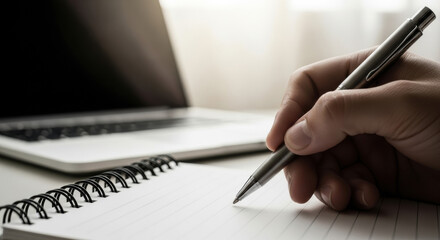 Close up of a hand writing in a notebook with a laptop in the background on a desk in bright, neutral tones. Focus on work and business concept.