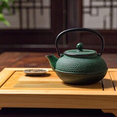 Green cast iron teapot on a bamboo tray with a small saucer
