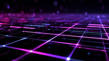 Futuristic neon grid background with glowing purple and pink lines forming abstract geometric patterns for advanced digital technology and cyber innovation concept