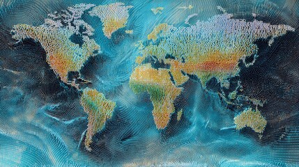 Holographic digital world map with global locations highlighted over futuristic blue technology background, panoramic view, abstract collage design representing global connectivity and data networks