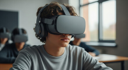 Teenagers in grey shirts wearing VR headsets in a classroom setting, immersed in virtual reality education, showing experiential learning in a modern education environment. 