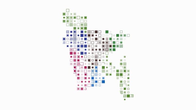 Bangladesh map animation. Shape of the country with pulsating colored dots. Large size square blocks. Digital style Bangladesh map on white background. Awesome video.