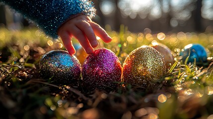 Child's hand reaching for glittery Easter eggs nestled in grassy ground with bokeh lights