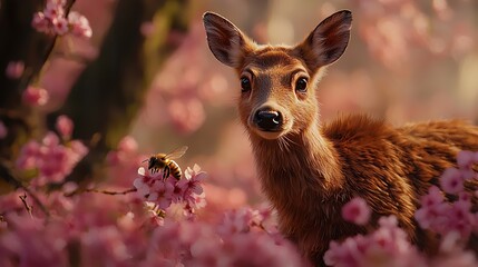 Close up of a young deer's face with a bee on pink blossoms in a soft focus background