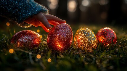 Close up on a child's hand touching glitter covered Easter eggs in grass with bokeh lights
