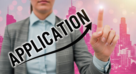 Woman in a gray blazer touches an arrow with the word 'Application' on a cityscape background, representing business opportunity, career growth, and urban success. 