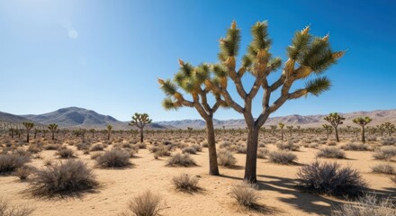 Two Joshua trees stand tall in a sun-drenched desert landscape, with low-lying desert scrub and distant mountains