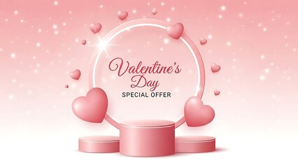 Valentine's day special offer on pink podium with hearts and sparkles background
