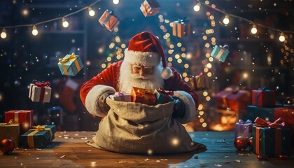 Santa Claus Filling Gift Sack with Presents in Festive Workshop Setting