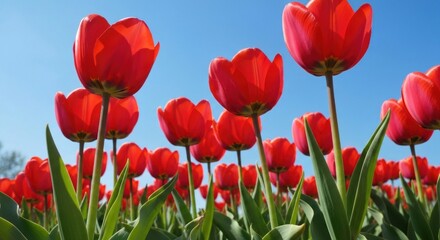 Vibrant red tulips against a clear blue sky