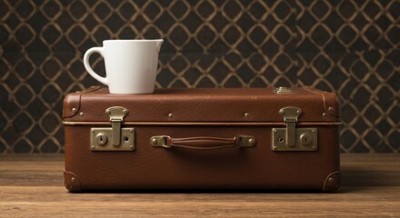 Vintage suitcase with cream pitcher. A classic brown leather suitcase sits on a wooden surface, featuring brass hardware and a handle