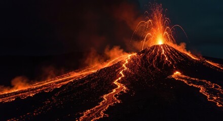 Volcanic eruption at night. Lava flows down a dark mountainside, a fiery plume erupts from the crater, illuminating the night sky
