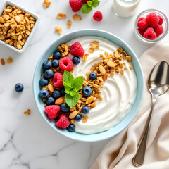 Healthy Breakfast Bowl with Greek Yogurt Granola Blueberries and Raspberries on Marble Surface
