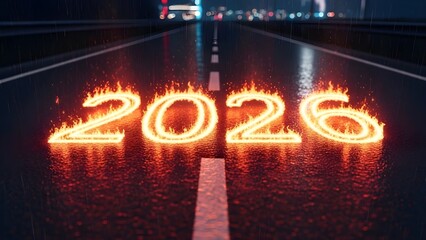 New Year 2026 written with Fire on roadside