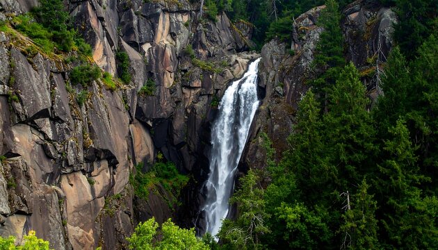 A majestic waterfall cascades down a rugged, rocky cliff face, flanked by lush, green evergreen trees. Sunlight highlights the flowing water - Powered by Adobe