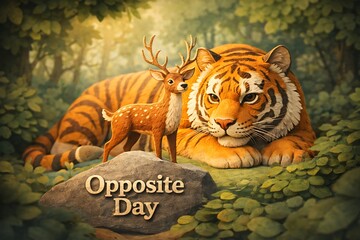 Opposite day concept with deer and tiger in whimsical forest setting