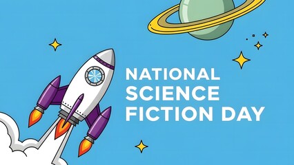 National Science Fiction Day Illustration with Rocket, Planet and Space Theme