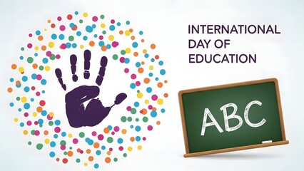 Fototapeta premium International day of education poster with handprint and chalkboard