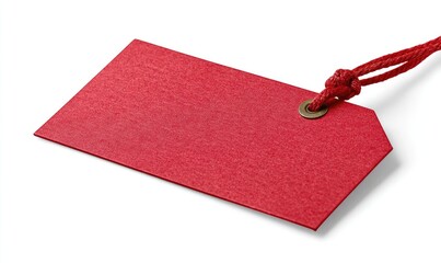 Red, textured tag with a knotted twine loop, lying on a white surface